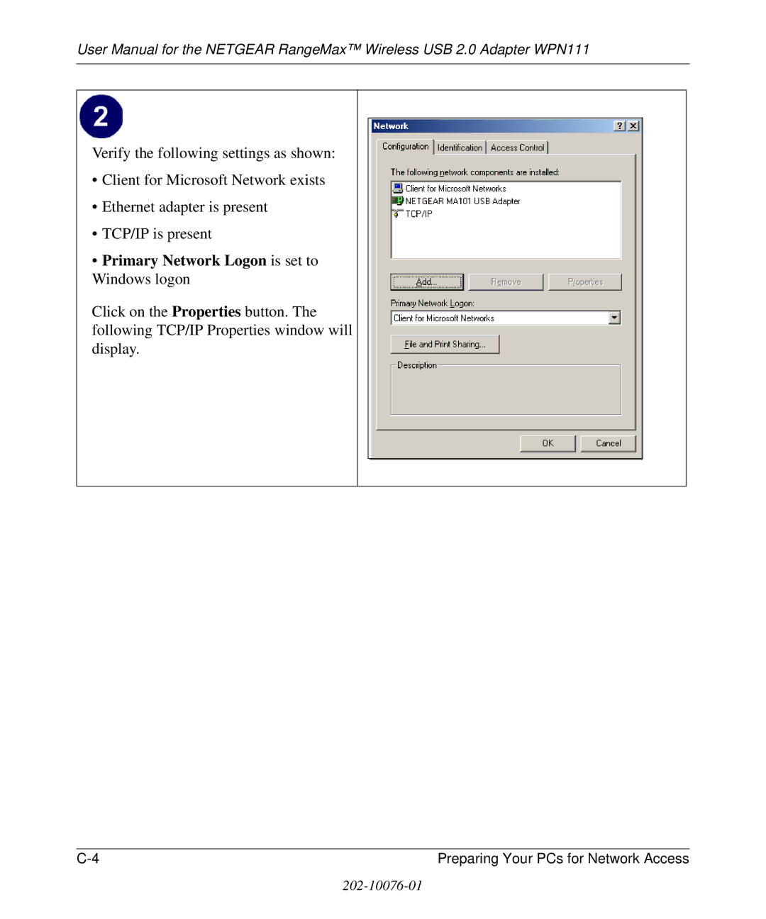 NETGEAR WPN111 user manual Primary Network Logon is set to Windows logon 