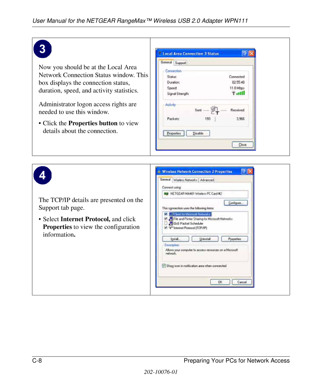 NETGEAR WPN111 user manual TCP/IP details are presented on Support tab 