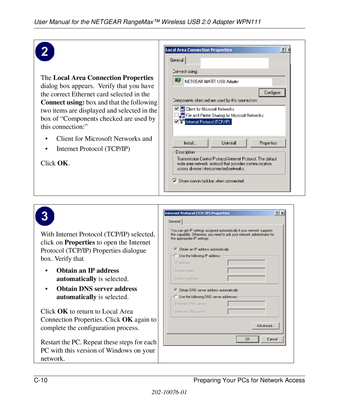 NETGEAR WPN111 user manual Obtain an IP address automatically is selected 