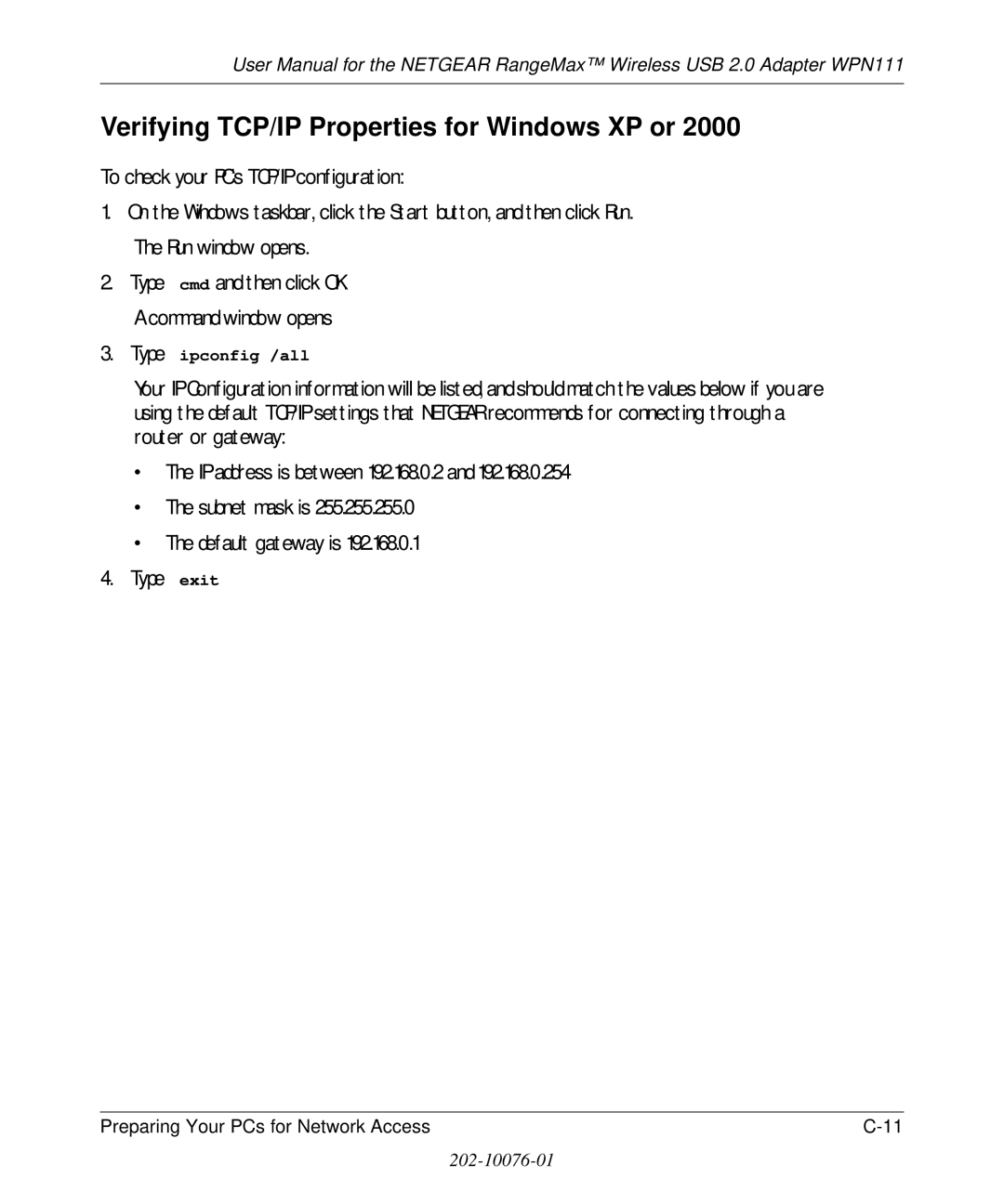 NETGEAR WPN111 user manual Verifying TCP/IP Properties for Windows XP or 