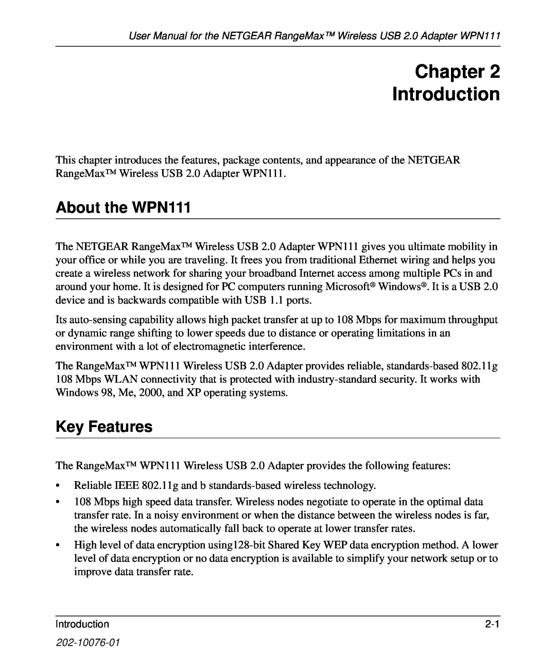 NETGEAR user manual Chapter Introduction, About the WPN111, Key Features 