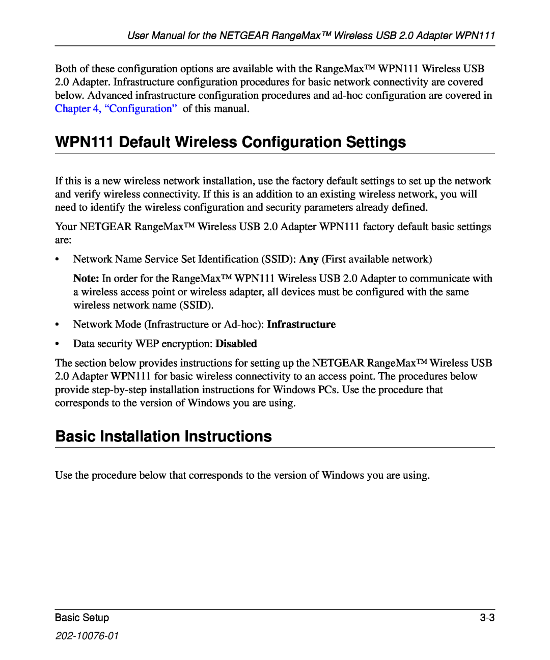 NETGEAR user manual WPN111 Default Wireless Configuration Settings, Basic Installation Instructions 