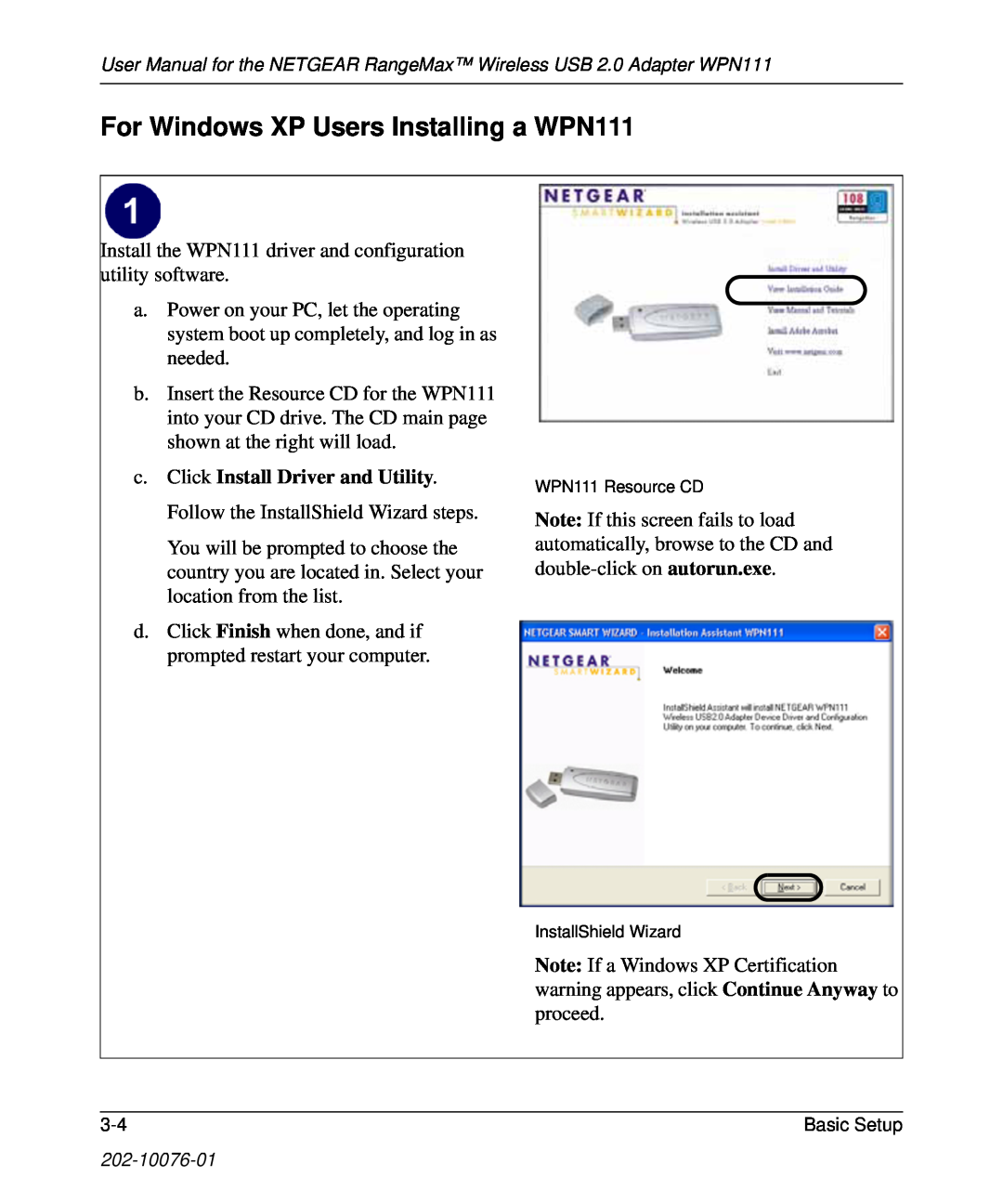 NETGEAR user manual For Windows XP Users Installing a WPN111, c. Click Install Driver and Utility 