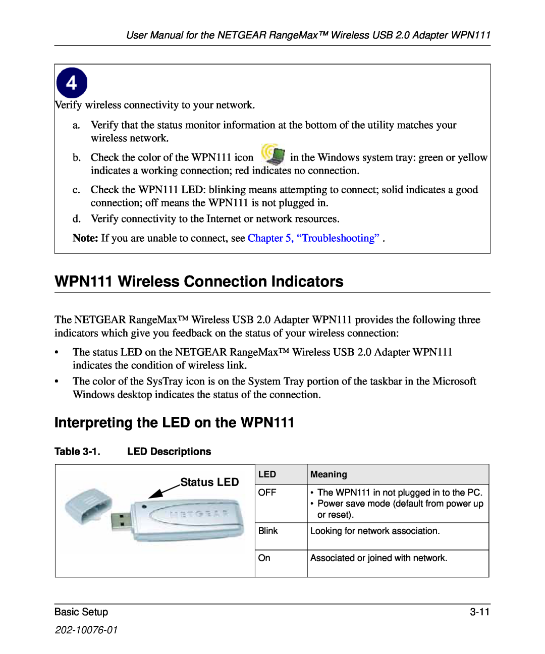 NETGEAR user manual WPN111 Wireless Connection Indicators, Interpreting the LED on the WPN111, Status LED 