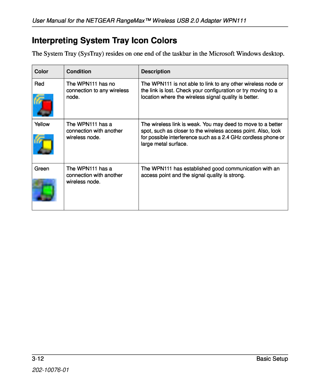 NETGEAR Interpreting System Tray Icon Colors, User Manual for the NETGEAR RangeMax Wireless USB 2.0 Adapter WPN111 