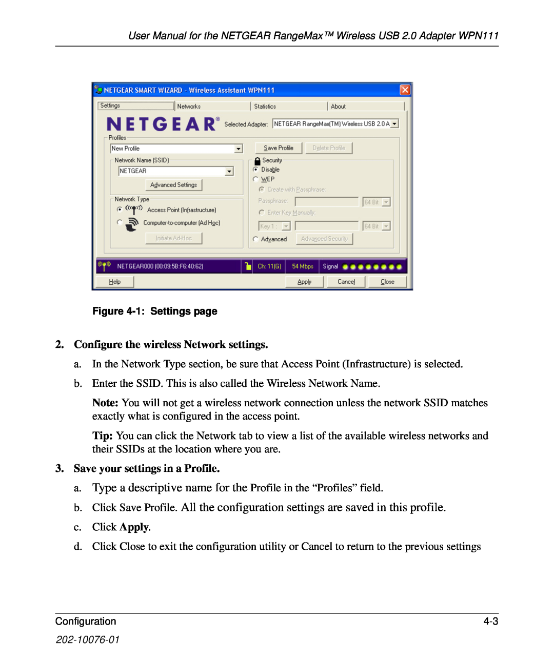 NETGEAR WPN111 a. Type a descriptive name for the Profile in the “Profiles” field, Configure the wireless Network settings 
