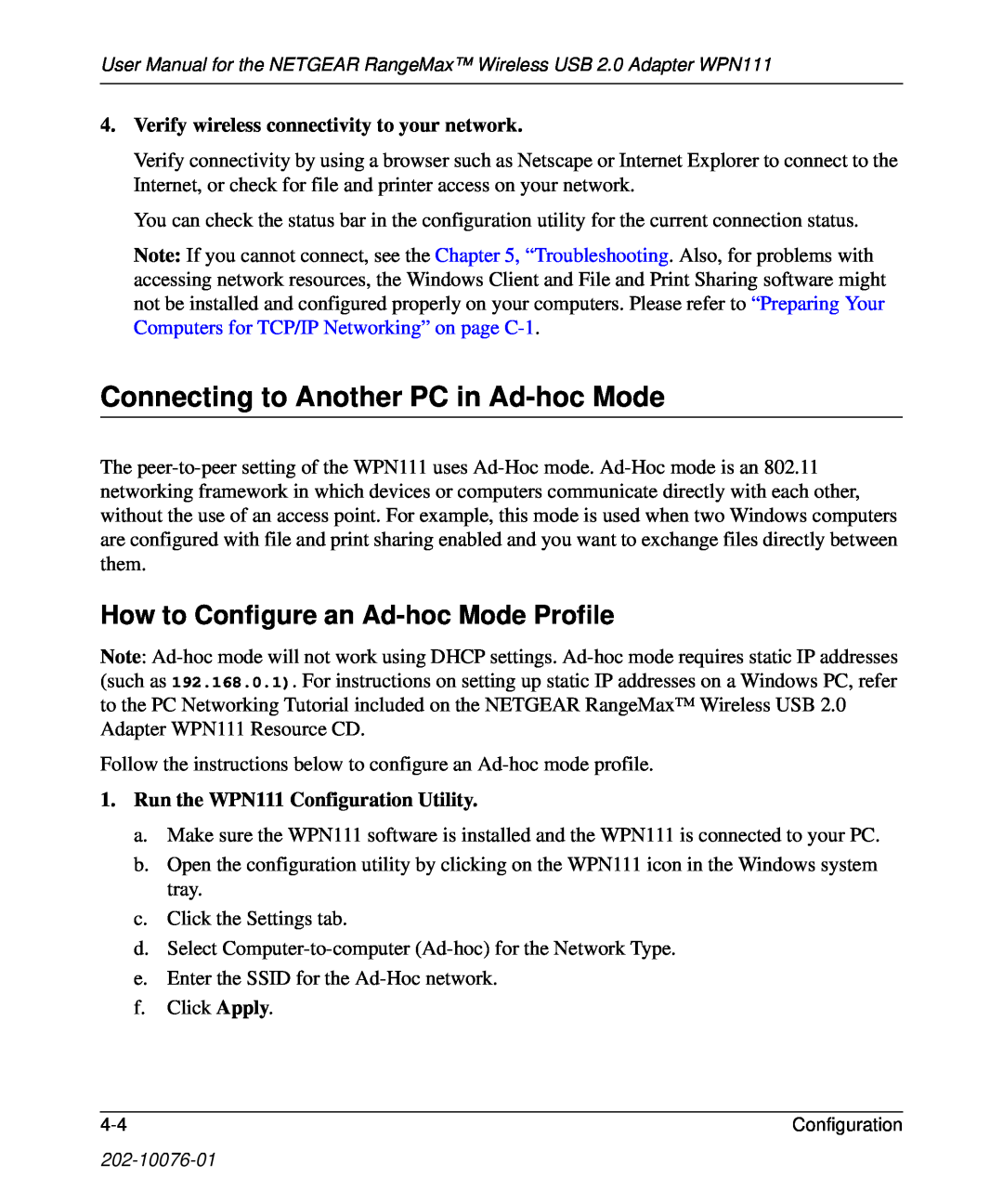 NETGEAR WPN111 user manual Connecting to Another PC in Ad-hoc Mode, How to Configure an Ad-hoc Mode Profile 