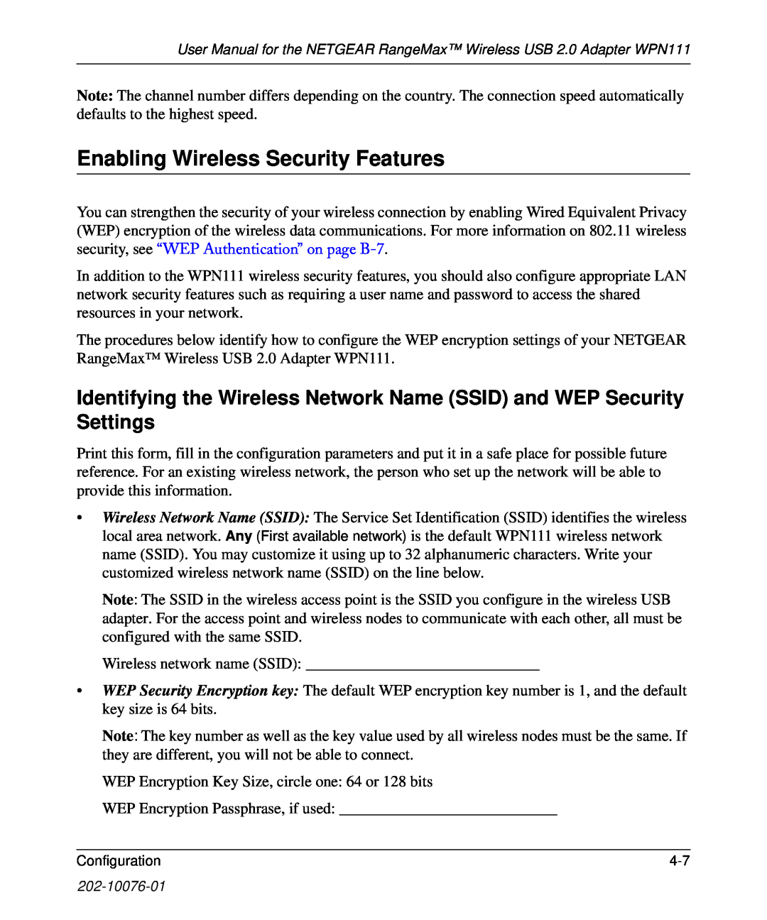 NETGEAR WPN111 Enabling Wireless Security Features, Identifying the Wireless Network Name SSID and WEP Security Settings 