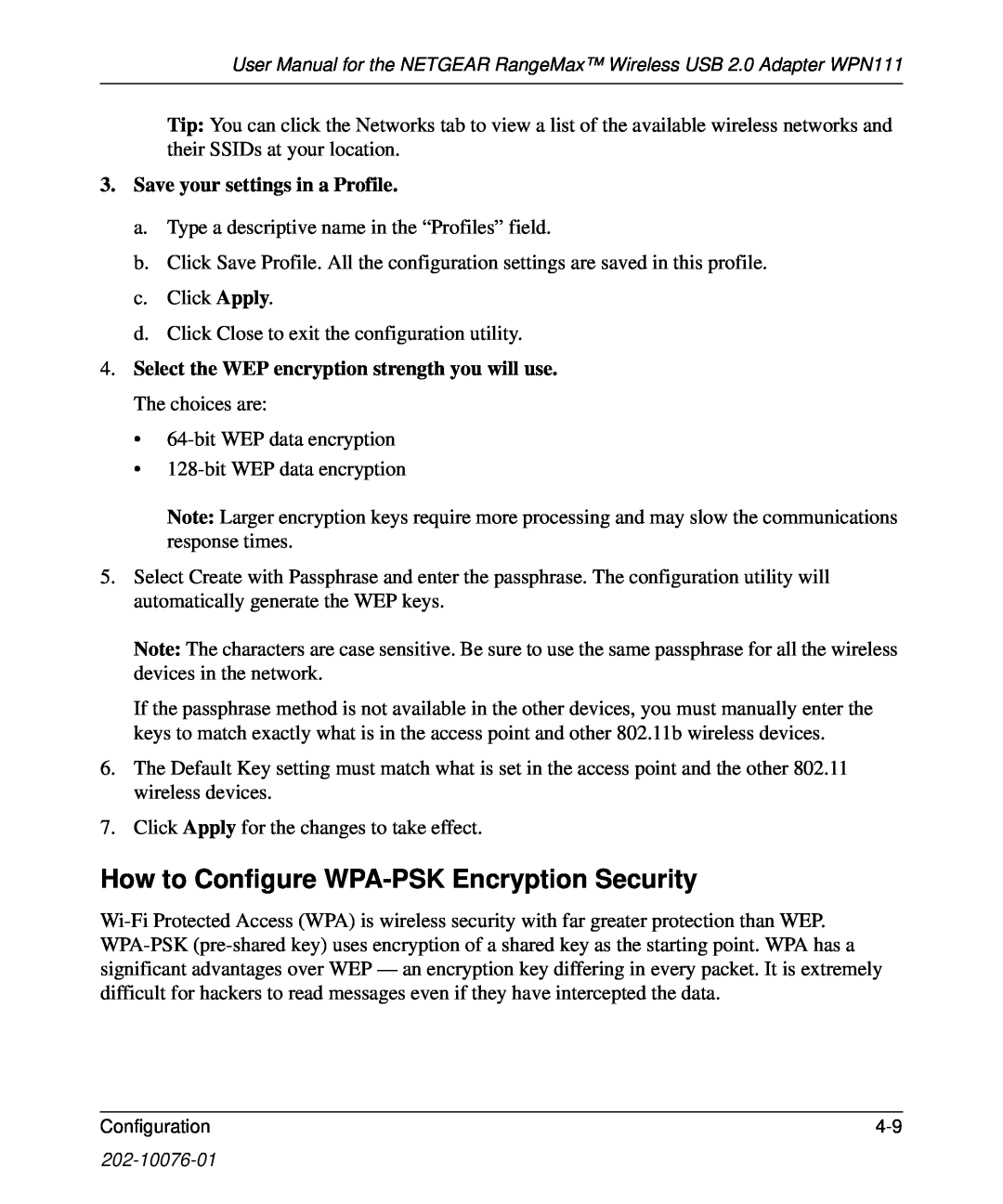 NETGEAR WPN111 user manual How to Configure WPA-PSK Encryption Security, Save your settings in a Profile 