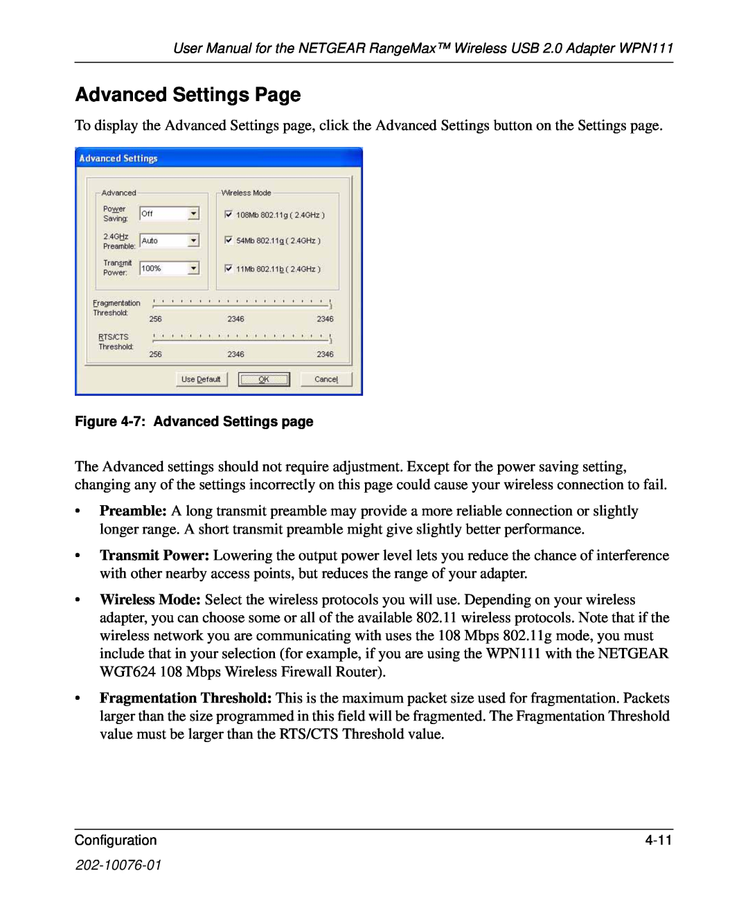 NETGEAR WPN111 user manual Advanced Settings Page, 7 Advanced Settings page 