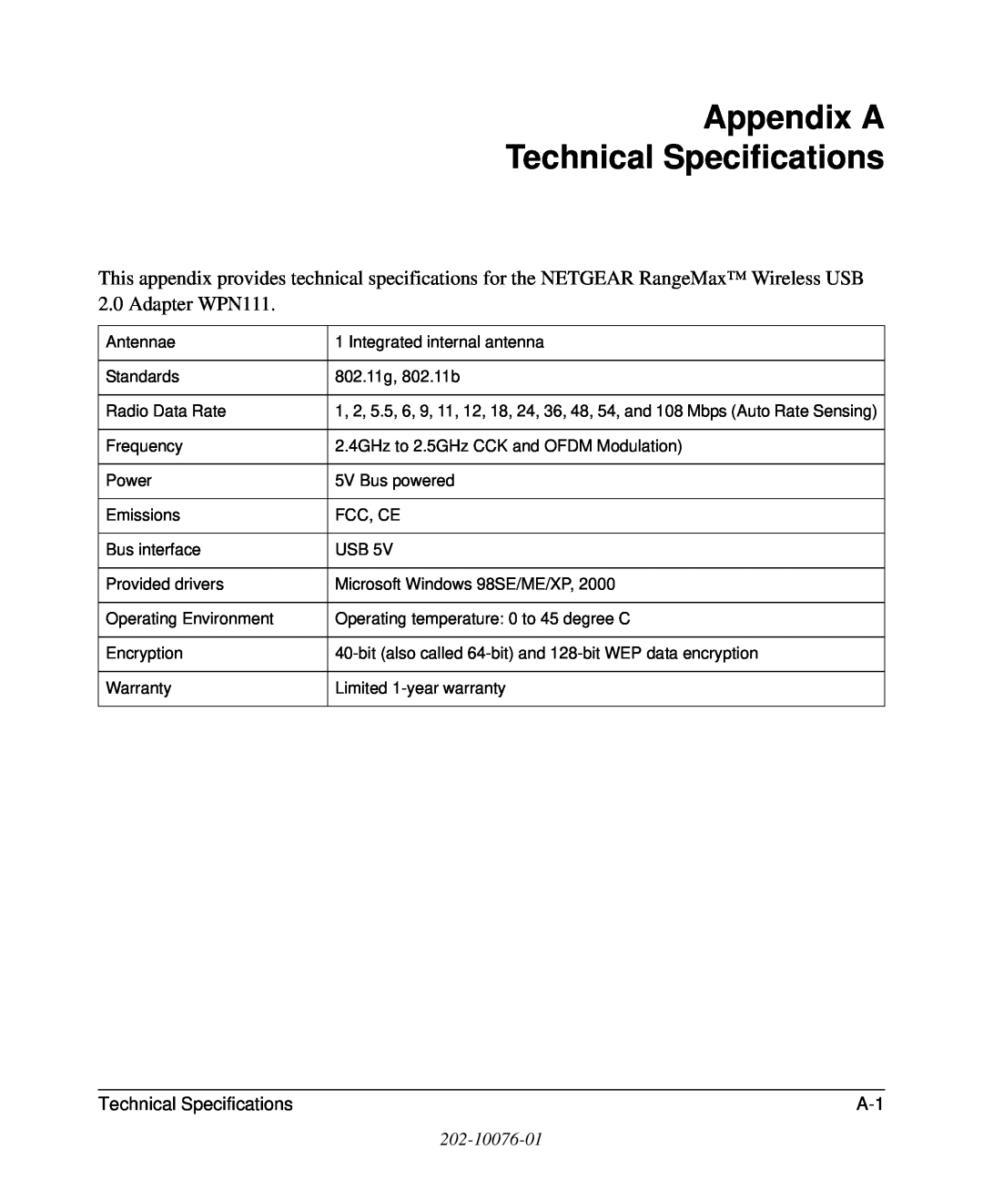 NETGEAR WPN111 user manual Appendix A Technical Specifications, T e ch n ica l S p e cifica tion s, 202-10076-01 