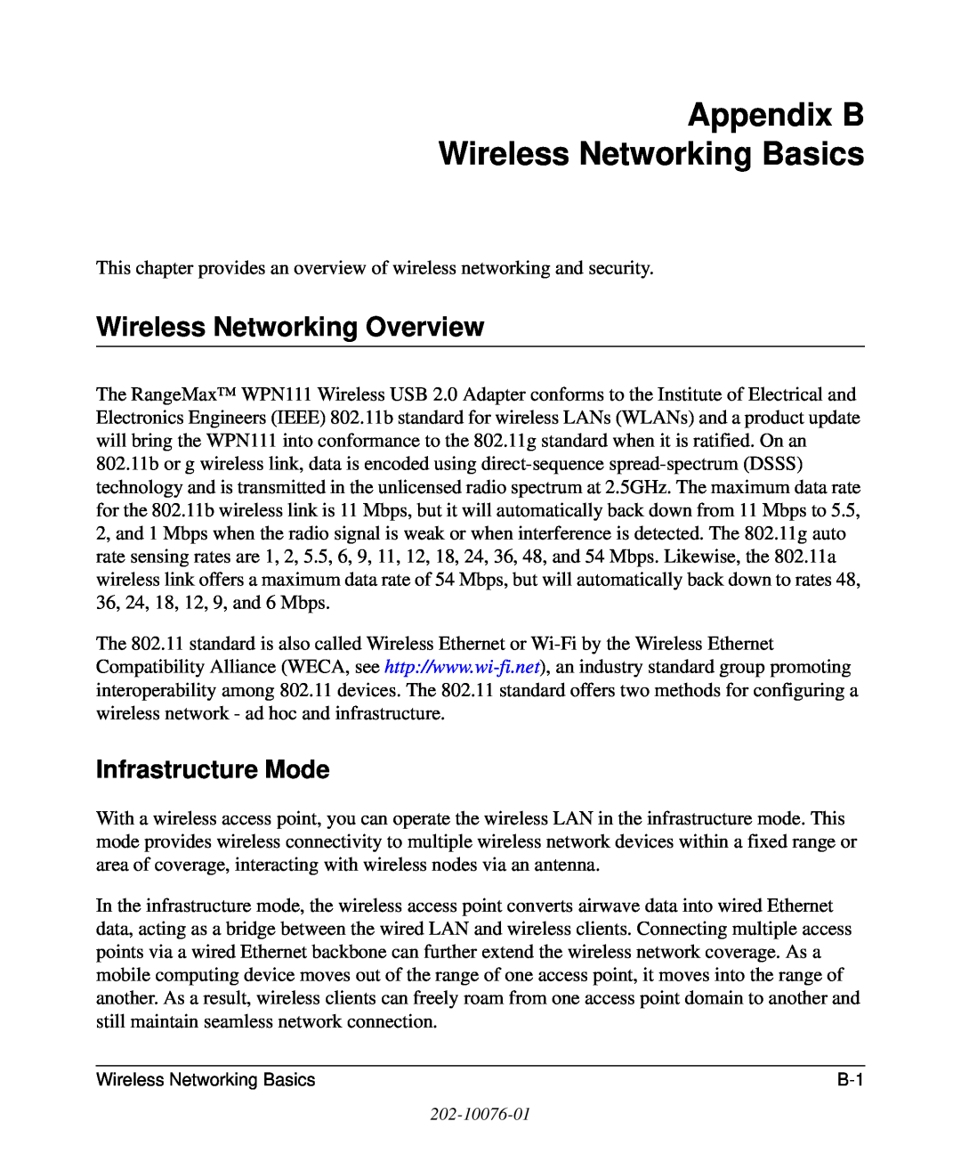 NETGEAR WPN111 user manual Appendix B Wireless Networking Basics, Wireless Networking Overview, Infrastructure Mode 