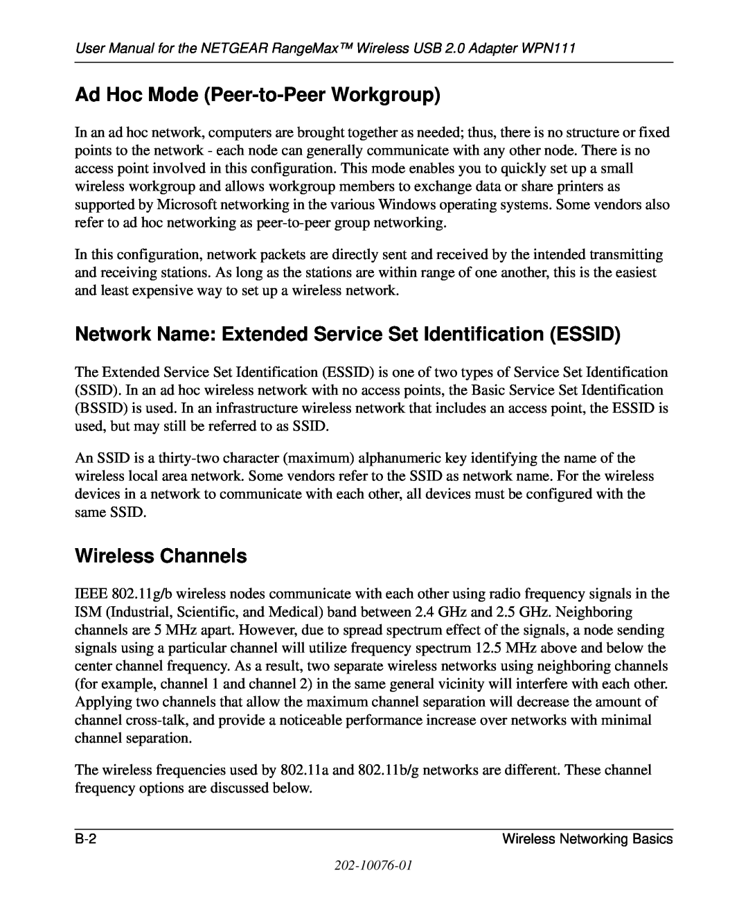 NETGEAR WPN111 user manual Ad Hoc Mode Peer-to-Peer Workgroup, Network Name Extended Service Set Identification ESSID 