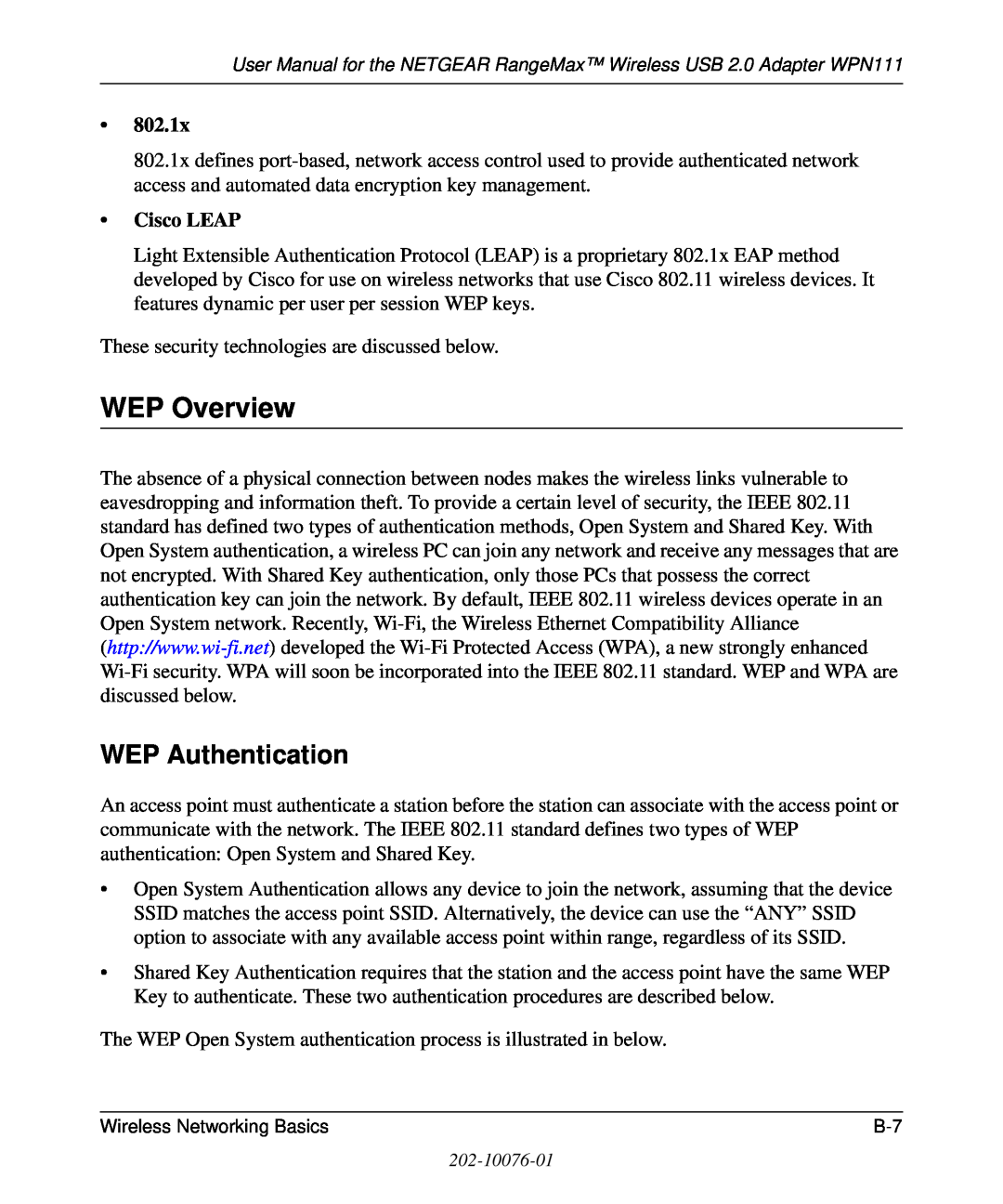 NETGEAR WPN111 user manual WEP Overview, WEP Authentication, 802.1x, Cisco LEAP 