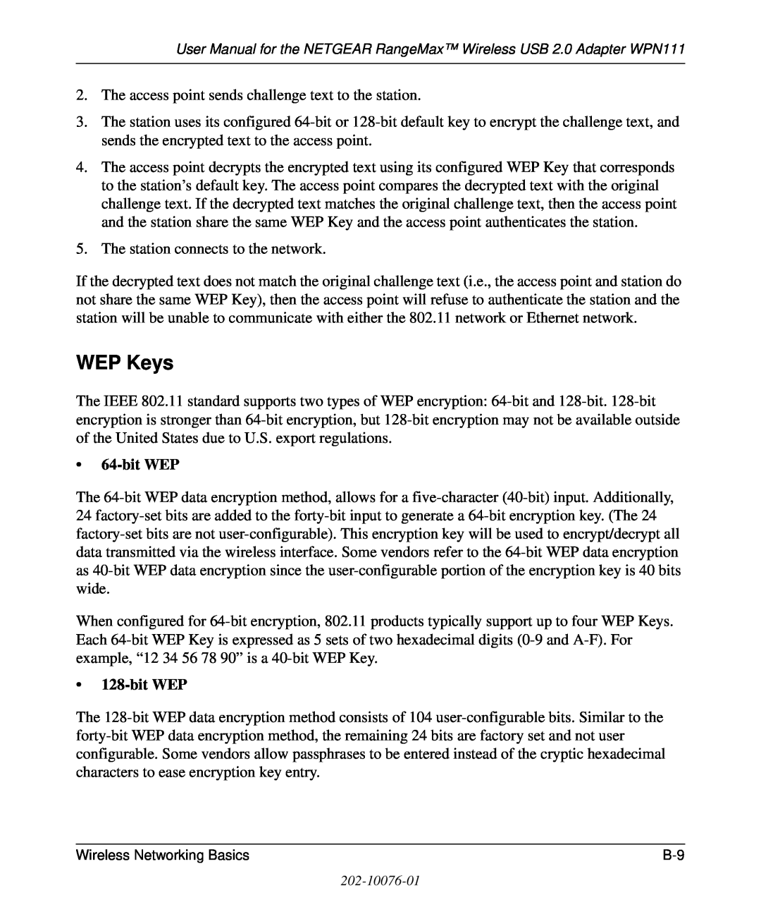 NETGEAR WPN111 user manual WEP Keys, bit WEP 