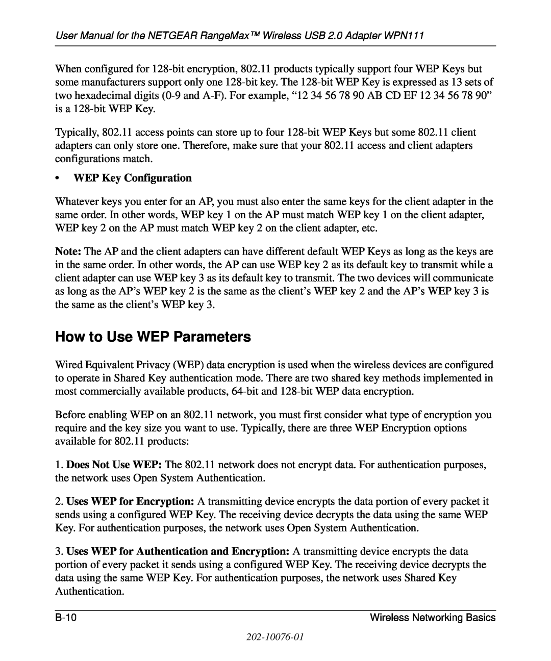 NETGEAR WPN111 user manual How to Use WEP Parameters, WEP Key Configuration 