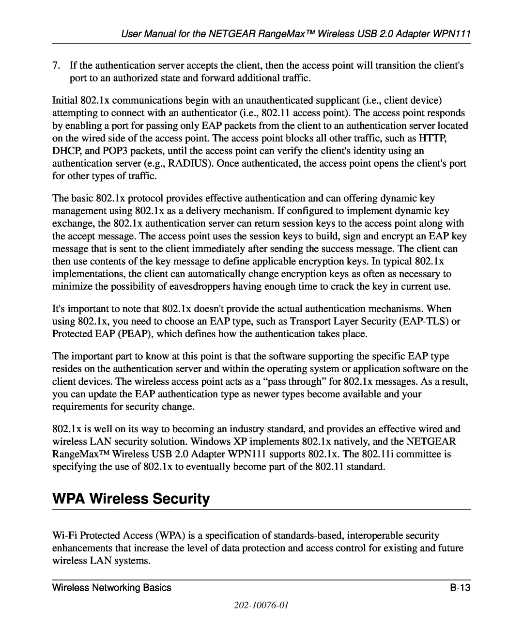 NETGEAR WPN111 user manual WPA Wireless Security, B -1 