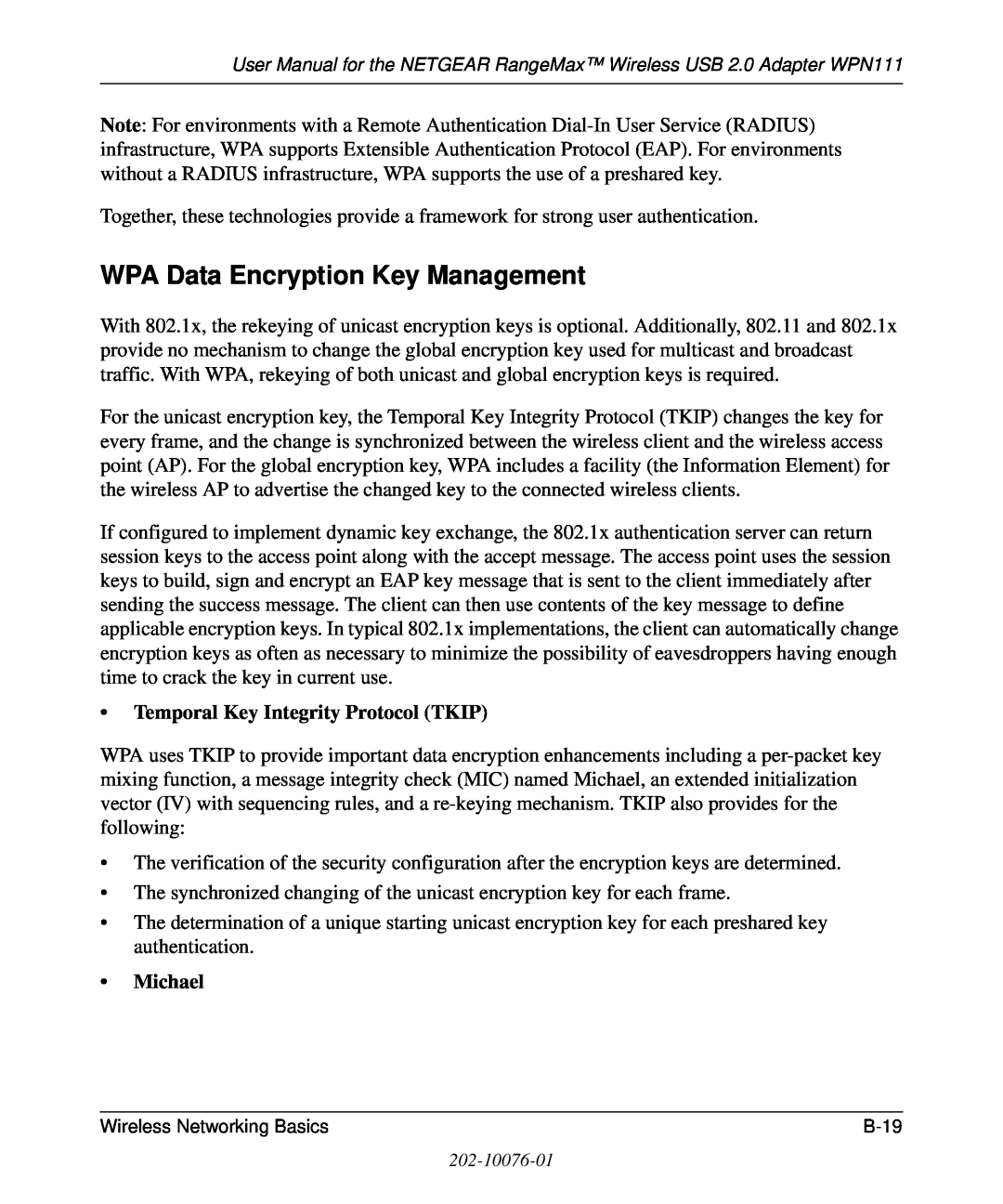 NETGEAR WPN111 user manual WPA Data Encryption Key Management, Temporal Key Integrity Protocol TKIP, Michael 