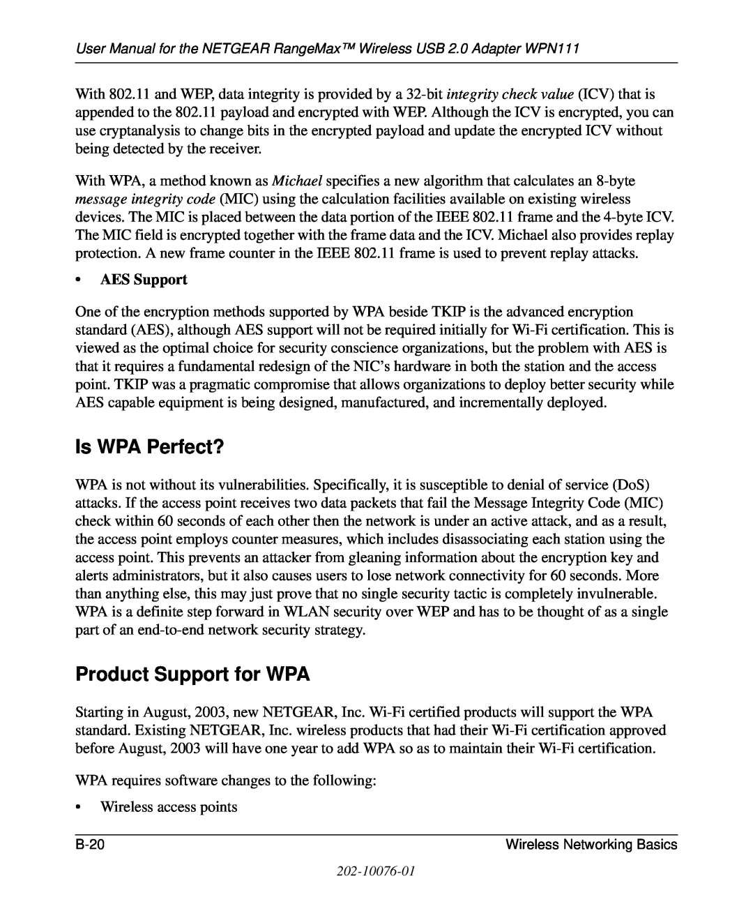 NETGEAR WPN111 user manual Is WPA Perfect?, Product Support for WPA, AES Support 