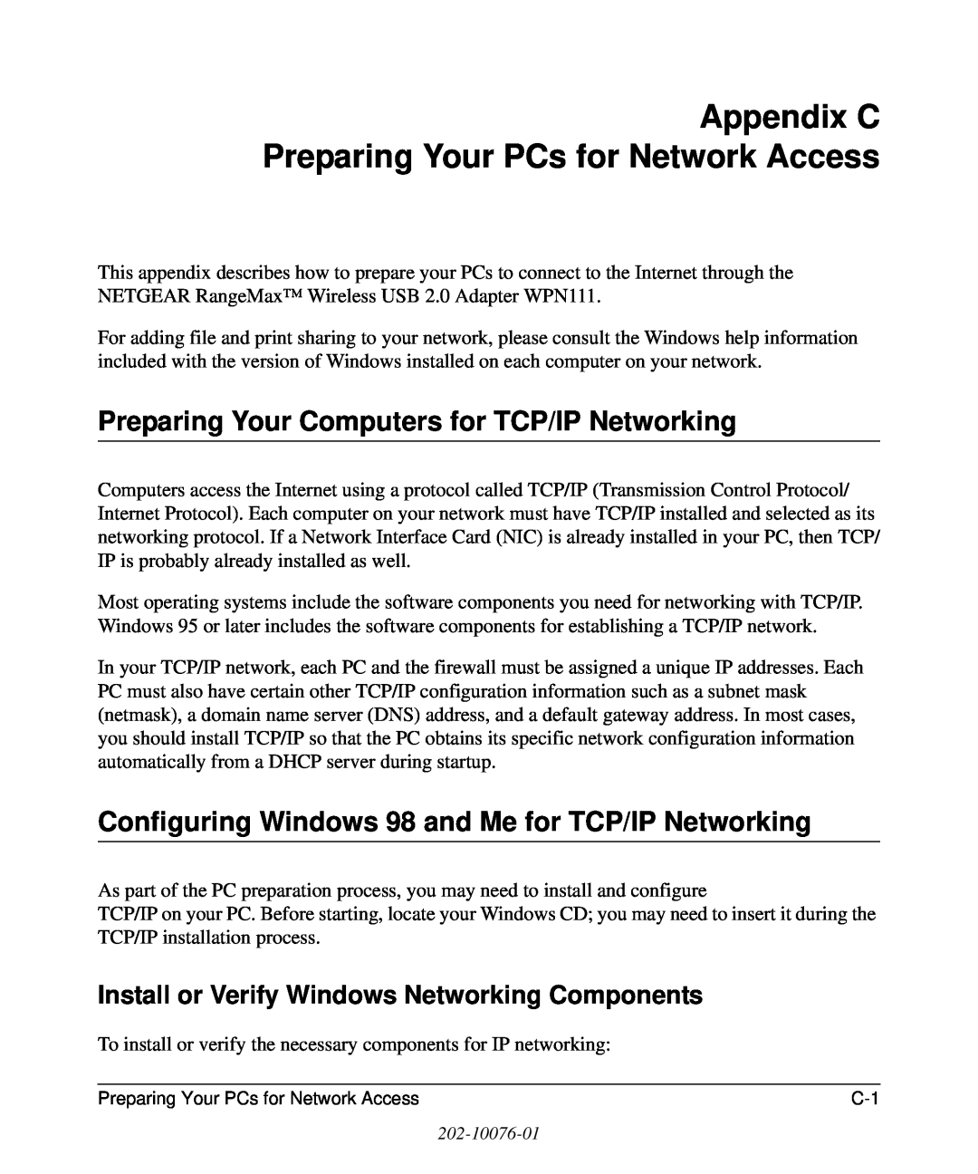 NETGEAR WPN111 user manual Appendix C Preparing Your PCs for Network Access, Preparing Your Computers for TCP/IP Networking 