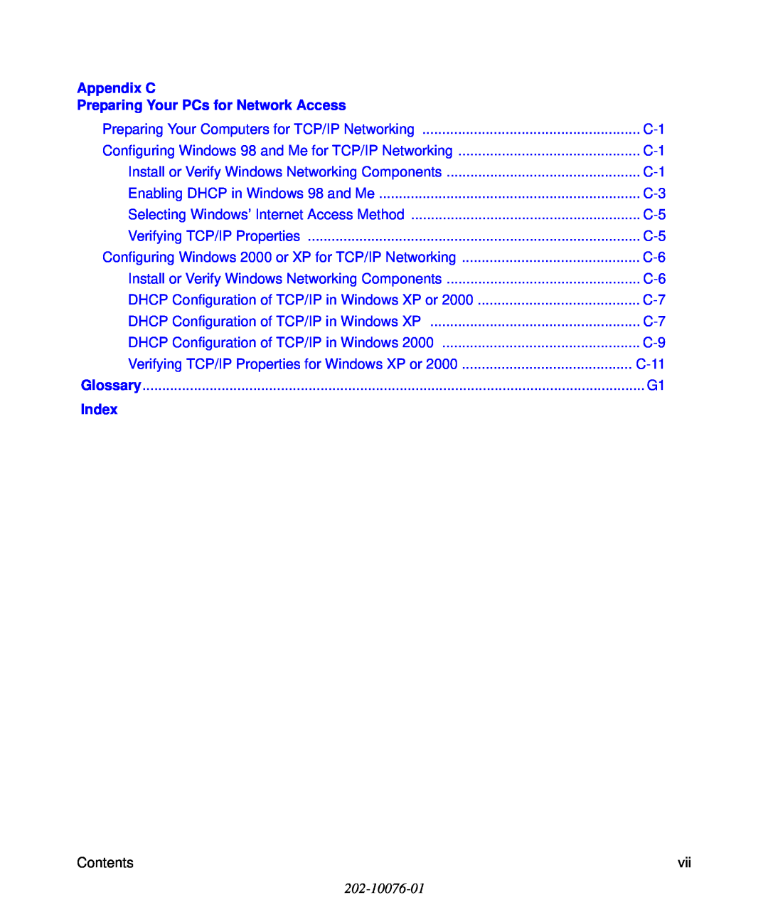 NETGEAR WPN111 user manual Appendix C  Preparing Your PCs for Network Access, Index, C on te n ts, 202-10076-01 