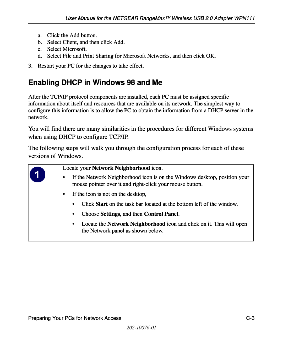 NETGEAR WPN111 user manual Enabling DHCP in Windows 98 and Me, Locate your Network Neighborhood icon 