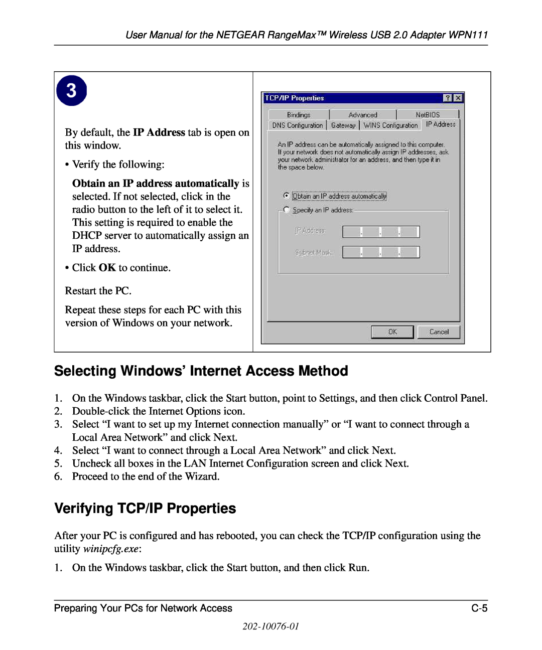 NETGEAR WPN111 user manual Selecting Windows’ Internet Access Method, Verifying TCP/IP Properties 