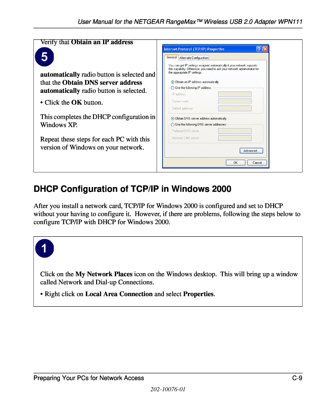 NETGEAR WPN111 user manual DHCP Configuration of TCP/IP in Windows, Verify that Obtain an IP address 