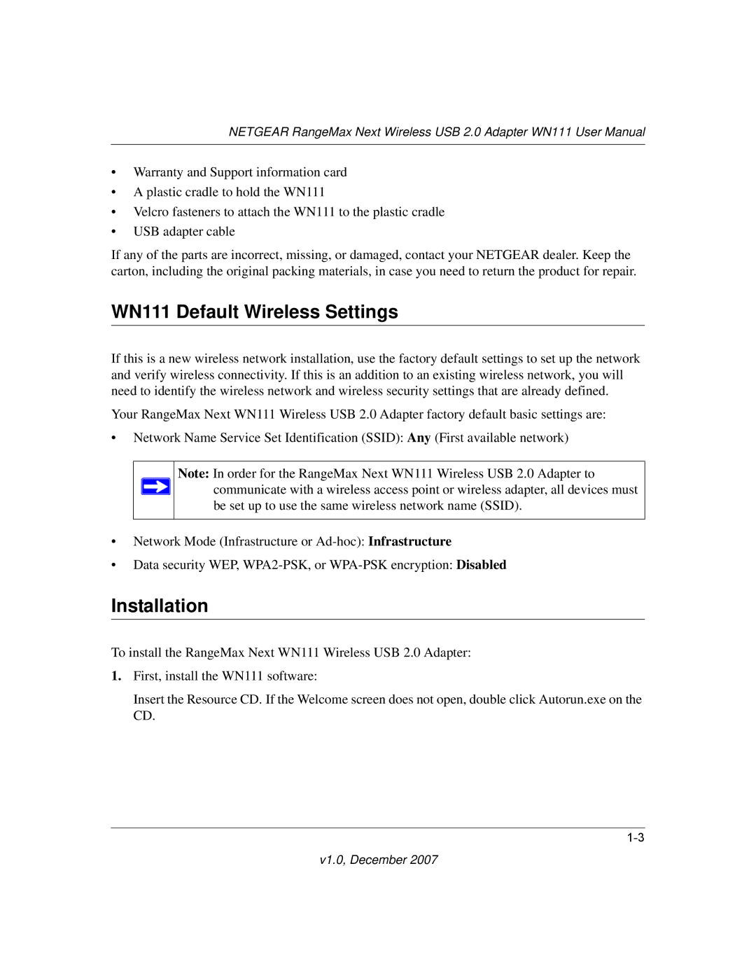 NETGEAR WPN111NA user manual WN111 Default Wireless Settings, Installation 