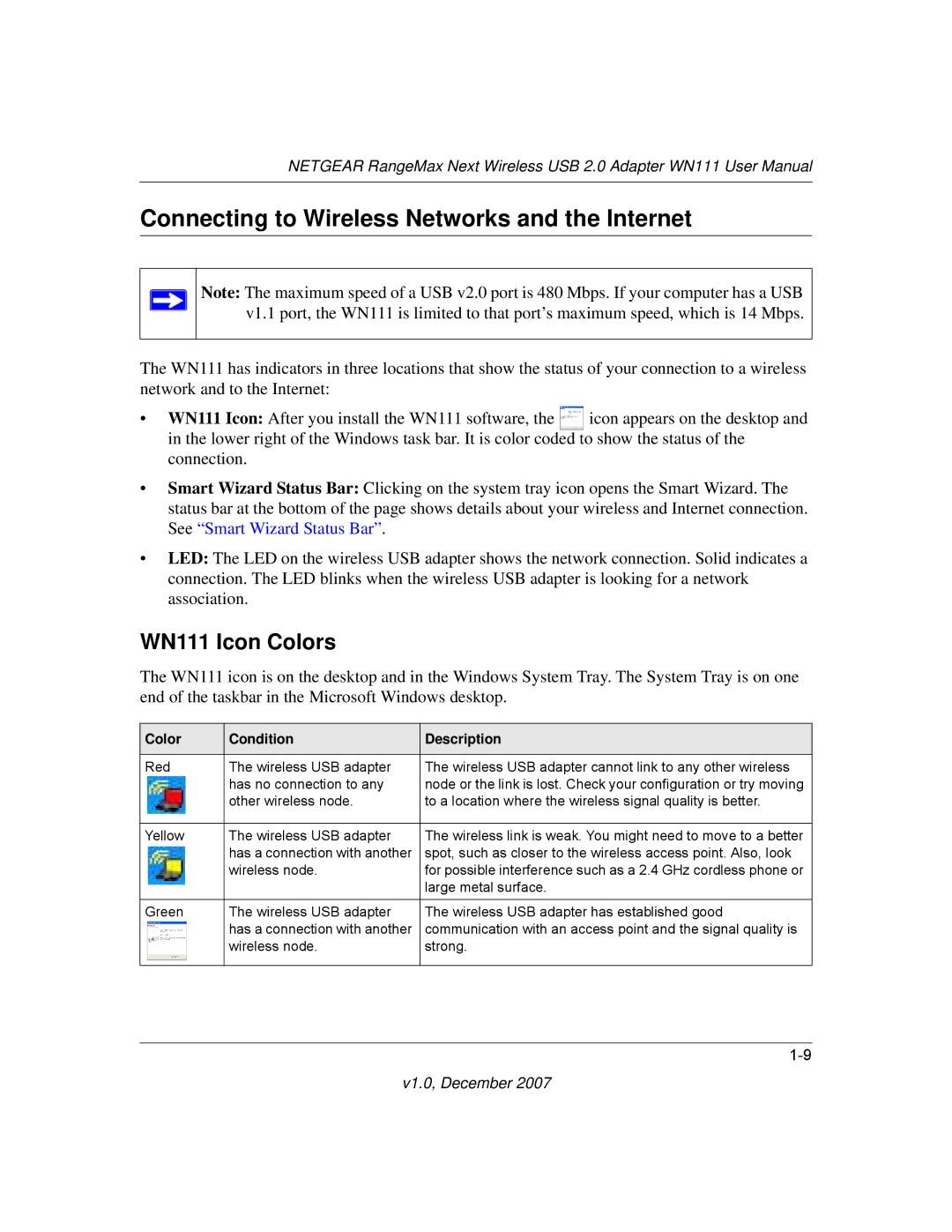 NETGEAR WPN111NA user manual Connecting to Wireless Networks and the Internet, WN111 Icon Colors 