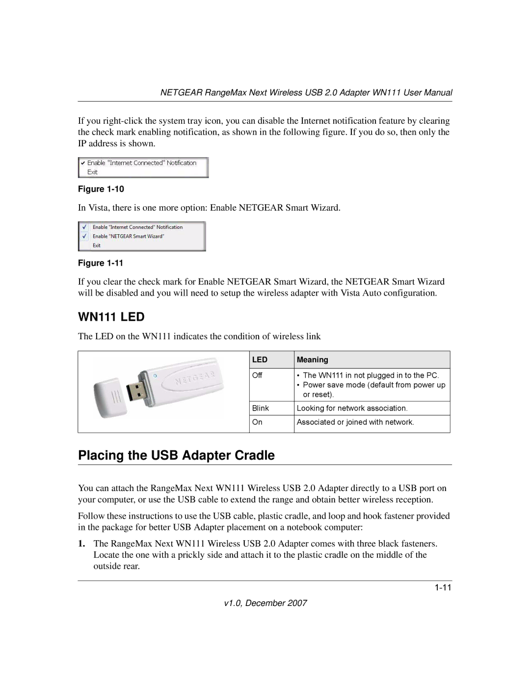 NETGEAR WPN111NA user manual Placing the USB Adapter Cradle, WN111 LED 