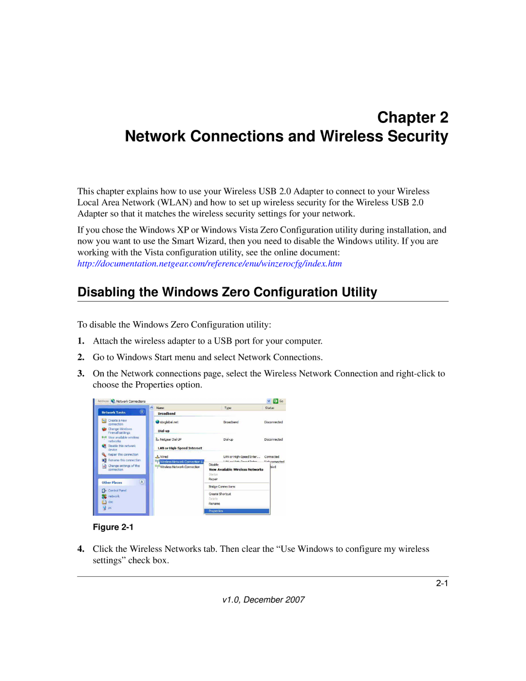 NETGEAR WPN111NA user manual Network Connections and Wireless Security, Disabling the Windows Zero Configuration Utility 