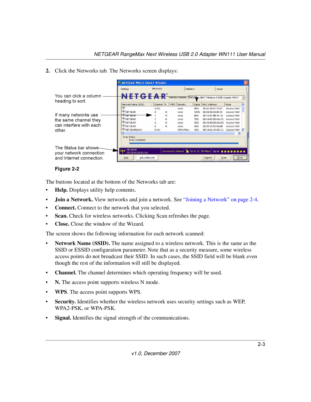 NETGEAR WPN111NA user manual Click the Networks tab. The Networks screen displays 