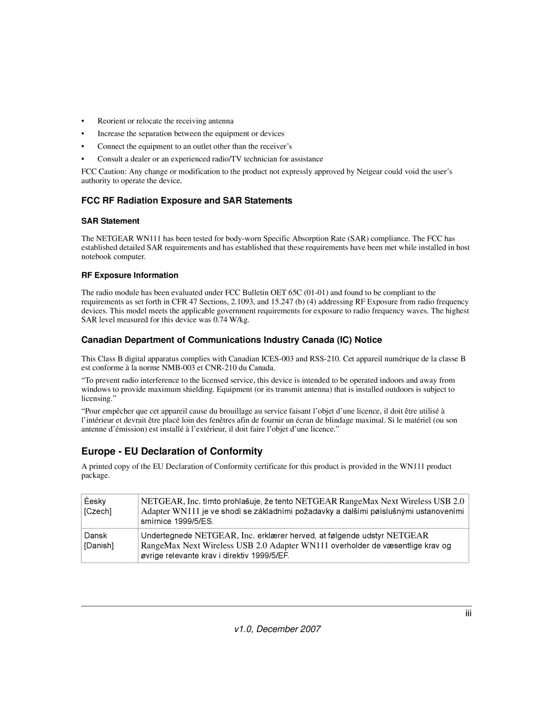 NETGEAR WPN111NA user manual Europe EU Declaration of Conformity 