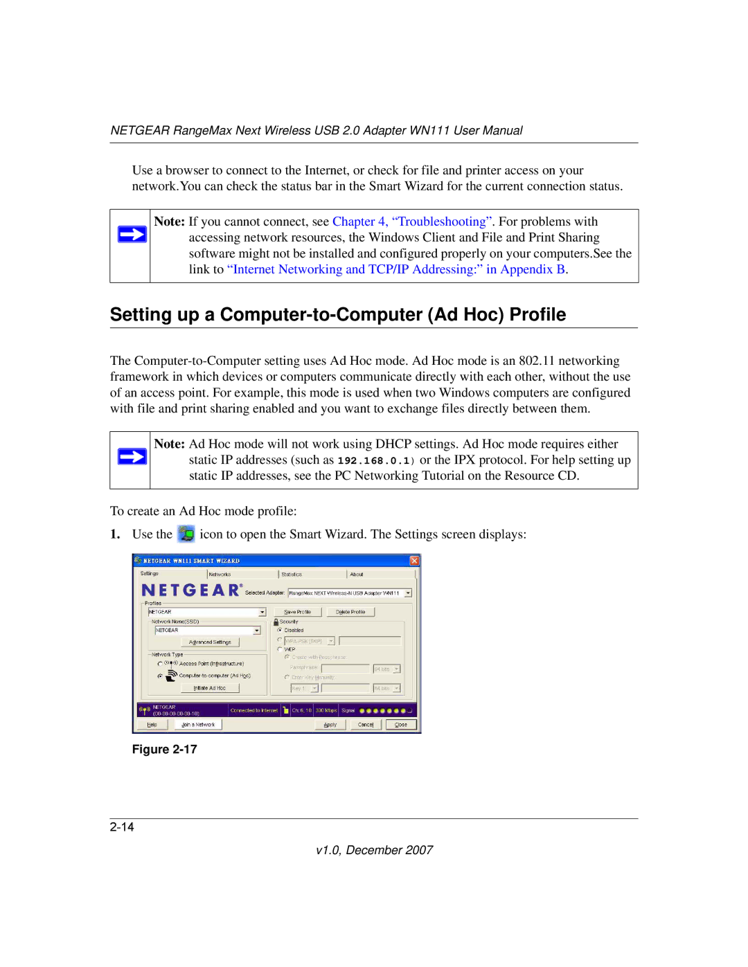 NETGEAR WPN111NA user manual Setting up a Computer-to-Computer Ad Hoc Profile 