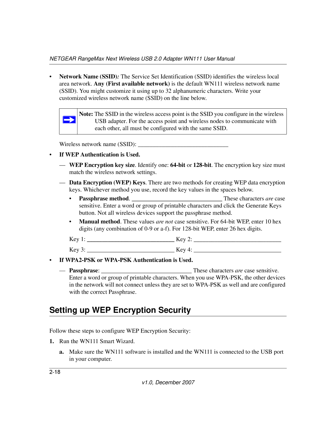 NETGEAR WPN111NA user manual Setting up WEP Encryption Security, If WEP Authentication is Used 