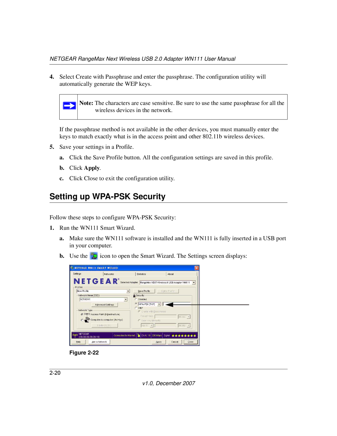 NETGEAR WPN111NA user manual Setting up WPA-PSK Security 