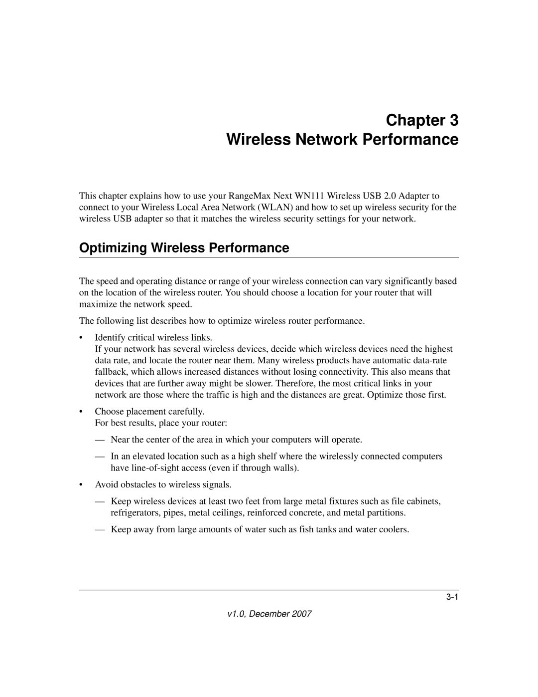 NETGEAR WPN111NA user manual Chapter Wireless Network Performance, Optimizing Wireless Performance 