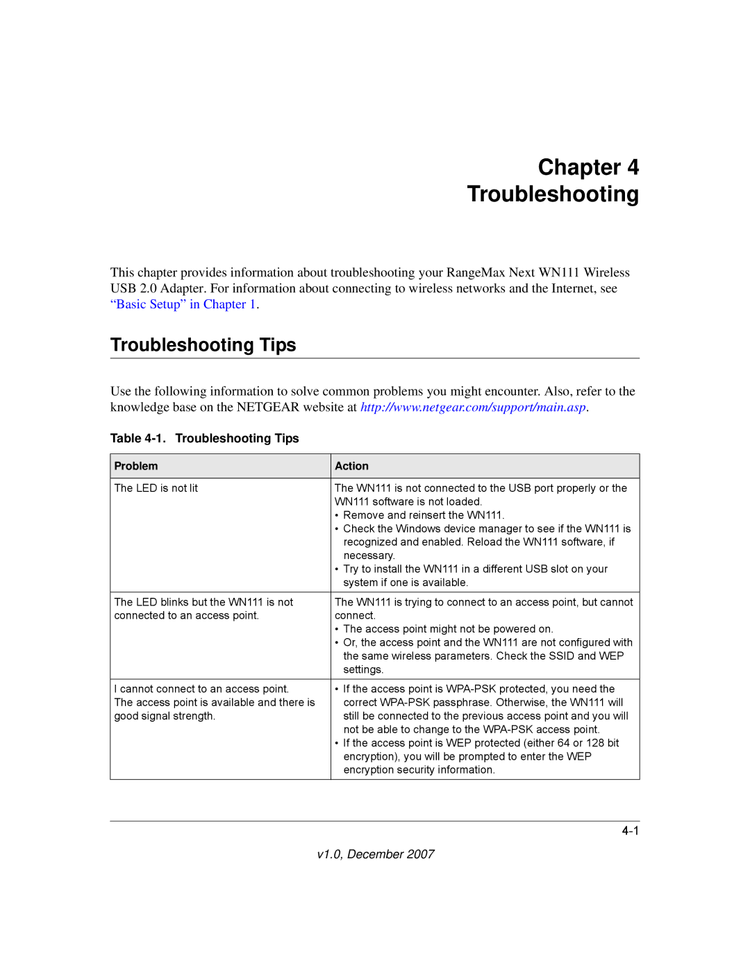 NETGEAR WPN111NA user manual Chapter Troubleshooting, Troubleshooting Tips 