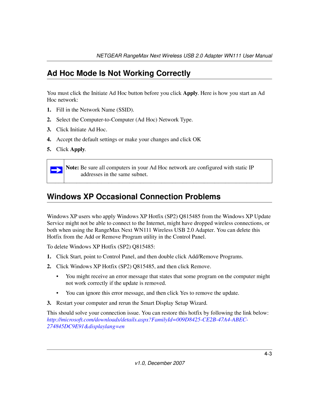 NETGEAR WPN111NA user manual Ad Hoc Mode Is Not Working Correctly, Windows XP Occasional Connection Problems 