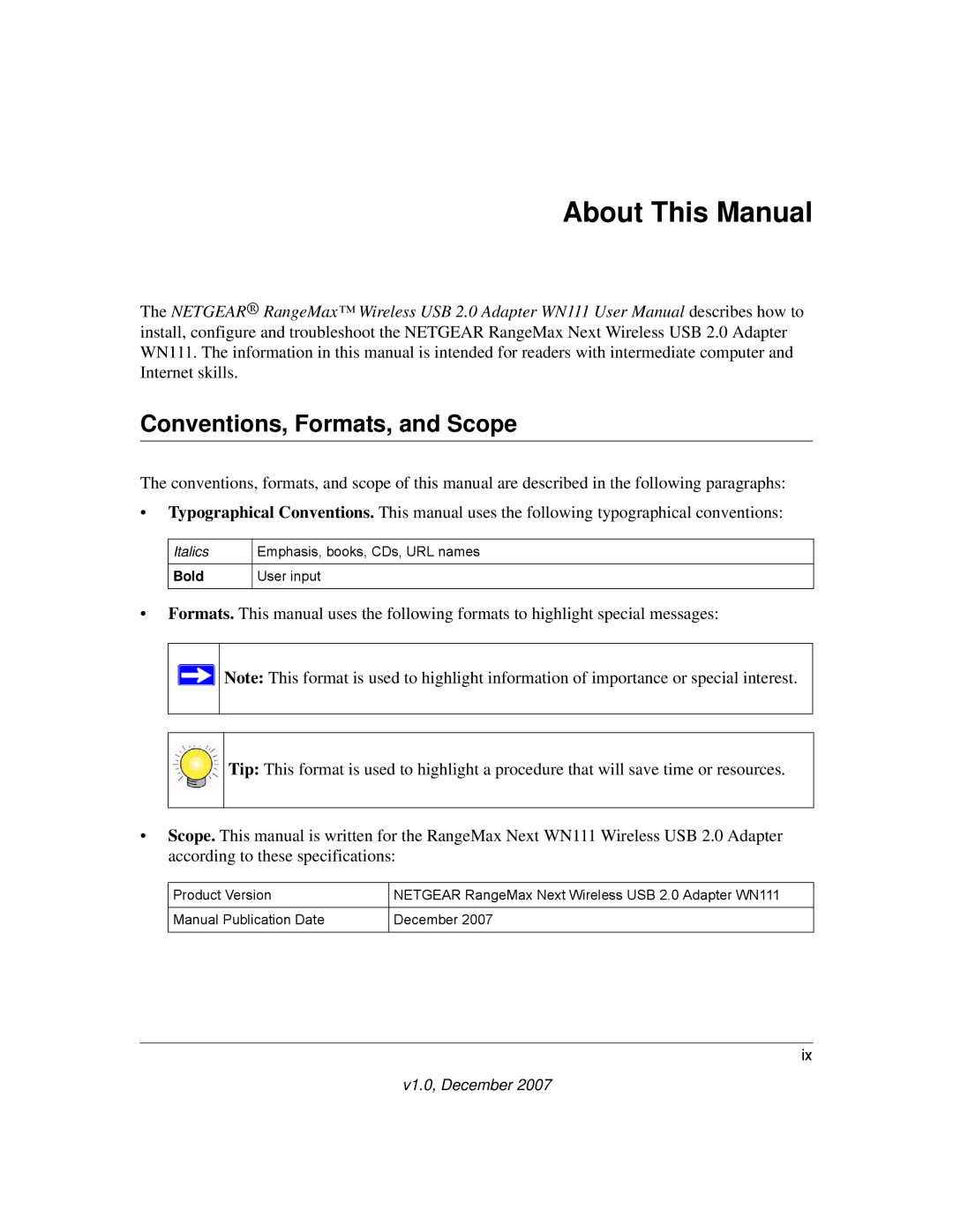 NETGEAR WPN111NA user manual About This Manual, Conventions, Formats, and Scope 