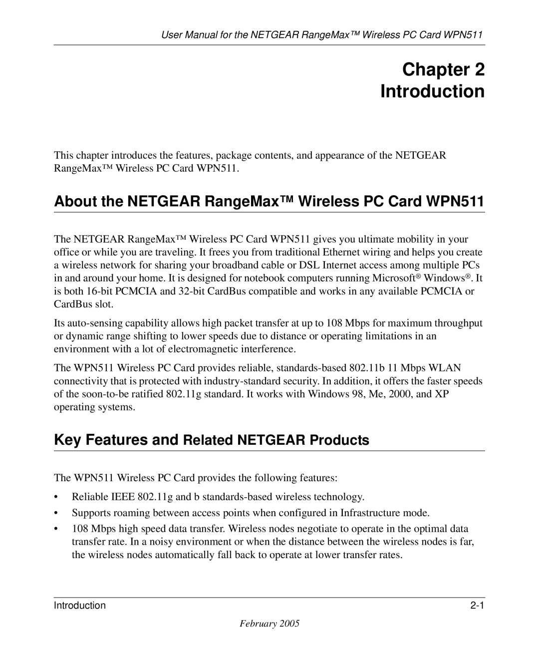 NETGEAR user manual Chapter Introduction, About the Netgear RangeMax Wireless PC Card WPN511 