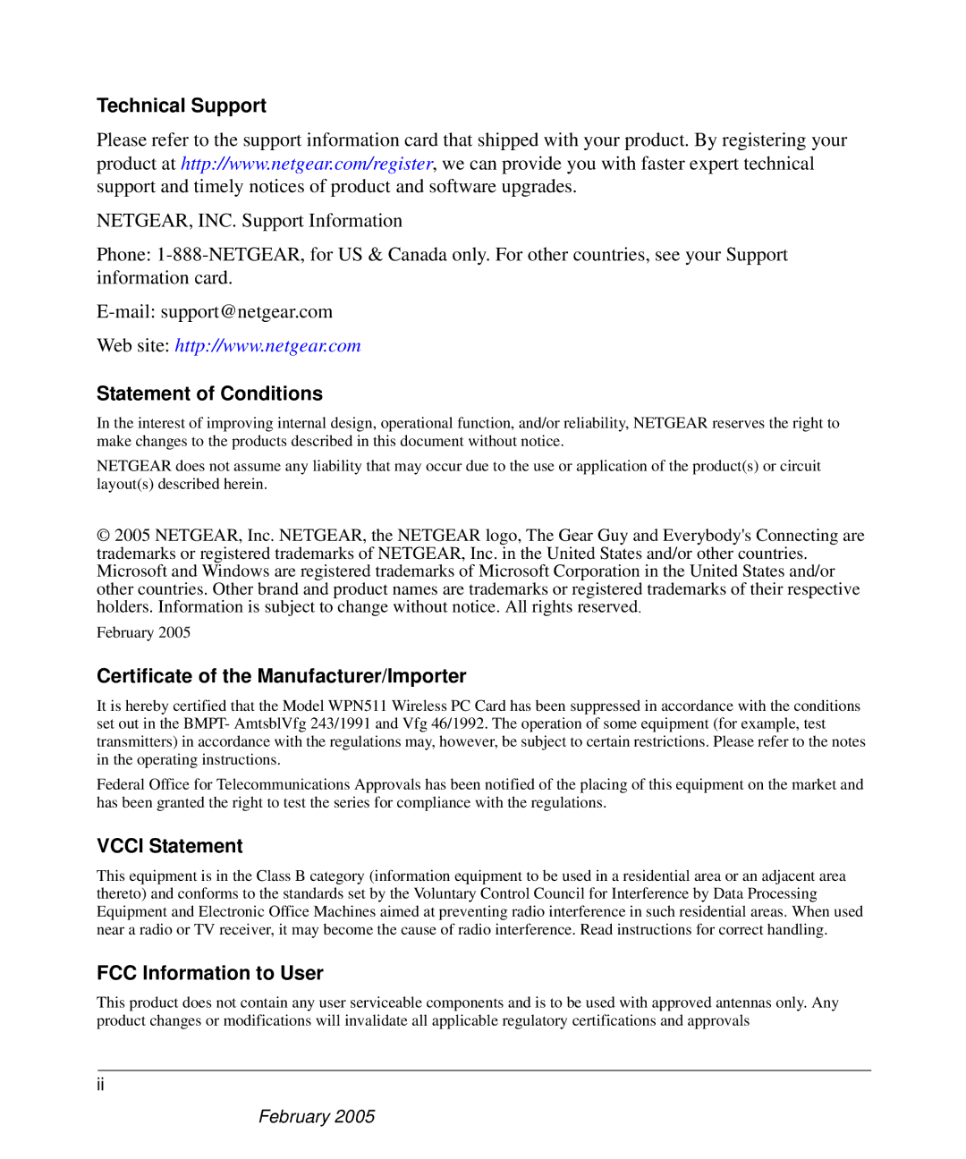 NETGEAR WPN511 user manual Technical Support 