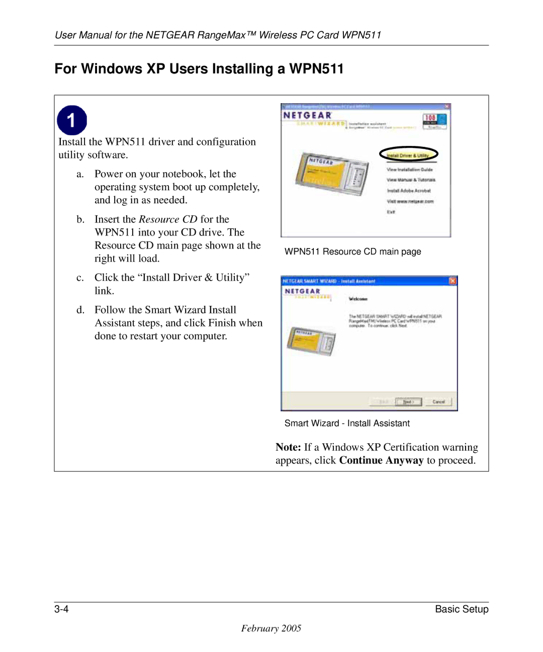 NETGEAR user manual For Windows XP Users Installing a WPN511, A rt W iza rd I n sta ll a ssista n t 