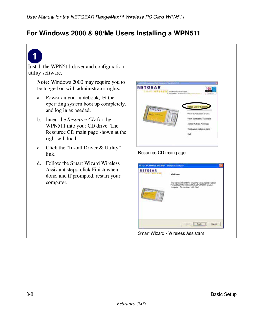 NETGEAR user manual For Windows 2000 & 98/Me Users Installing a WPN511, A rt W iza rd W ire le ss a ssista n t 