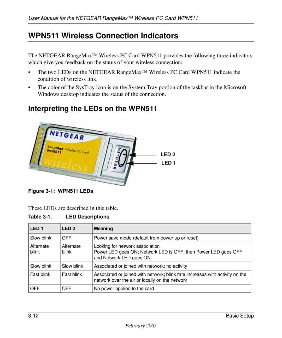 NETGEAR user manual WPN511 Wireless Connection Indicators, Interpreting the LEDs on the WPN511 