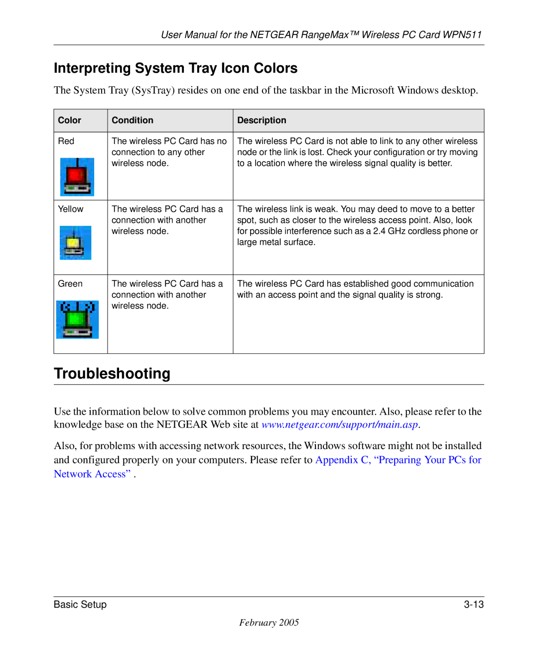 NETGEAR WPN511 user manual Troubleshooting, Interpreting System Tray Icon Colors 