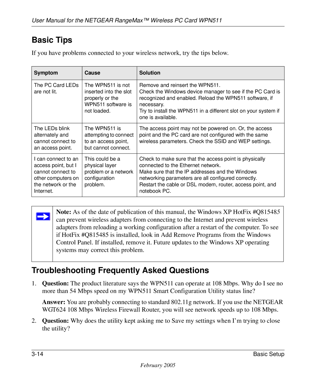 NETGEAR WPN511 user manual Basic Tips, Troubleshooting Frequently Asked Questions 