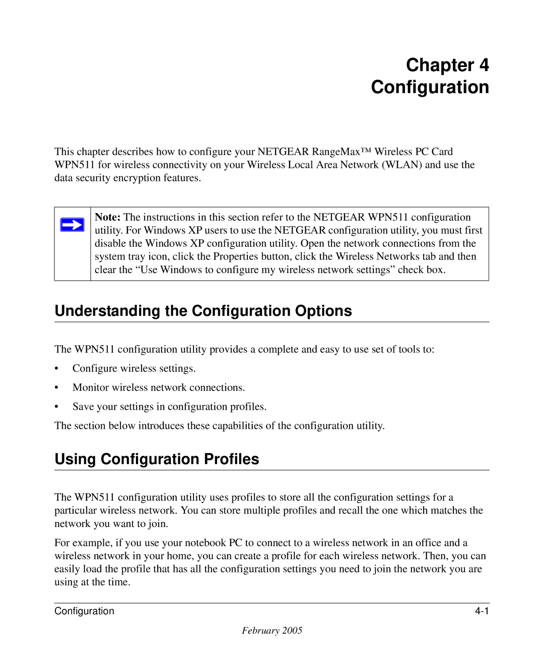 NETGEAR WPN511 user manual Chapter Configuration, Understanding the Configuration Options, Using Configuration Profiles 