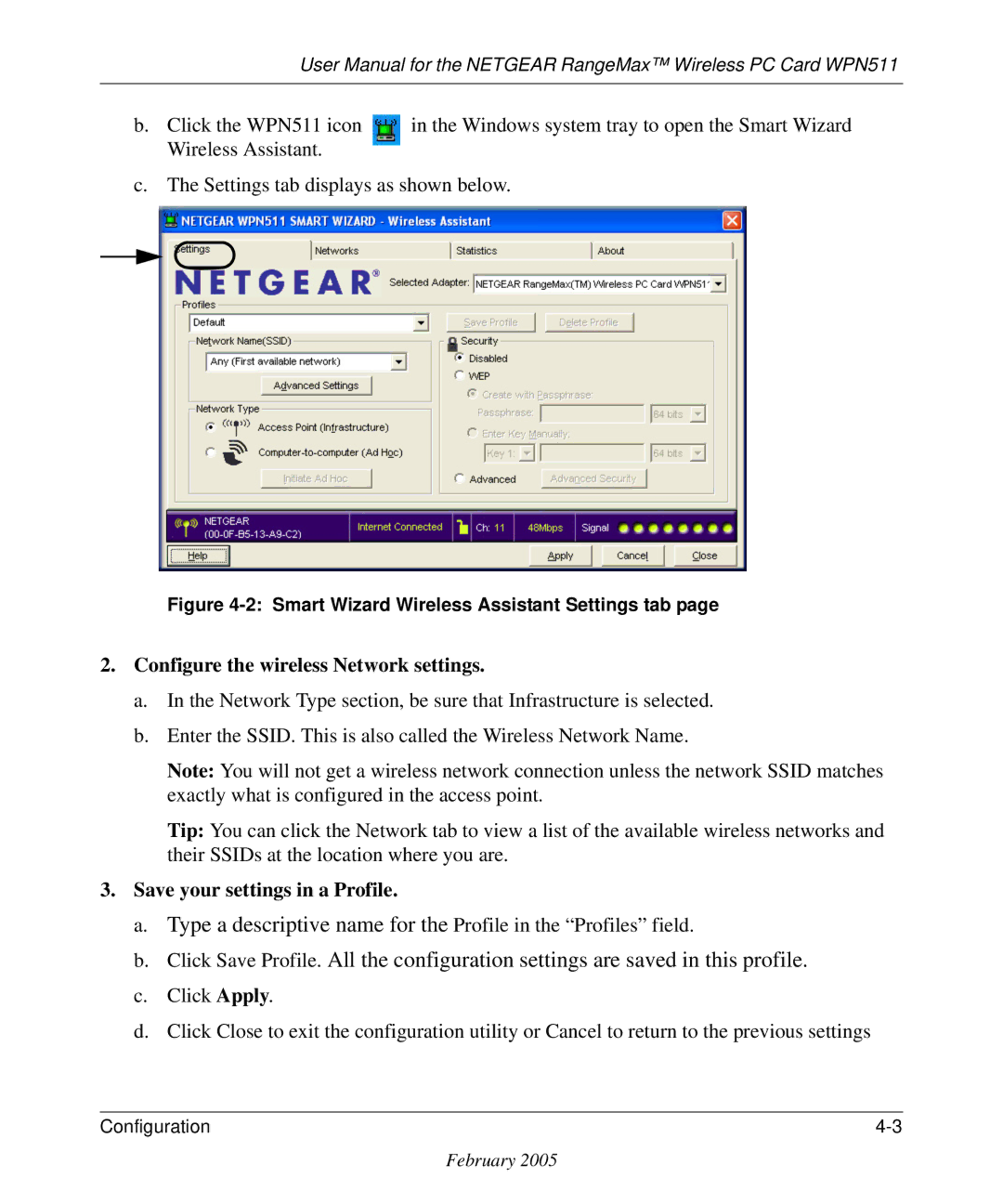 NETGEAR WPN511 user manual Configure the wireless Network settings, Save your settings in a Profile 